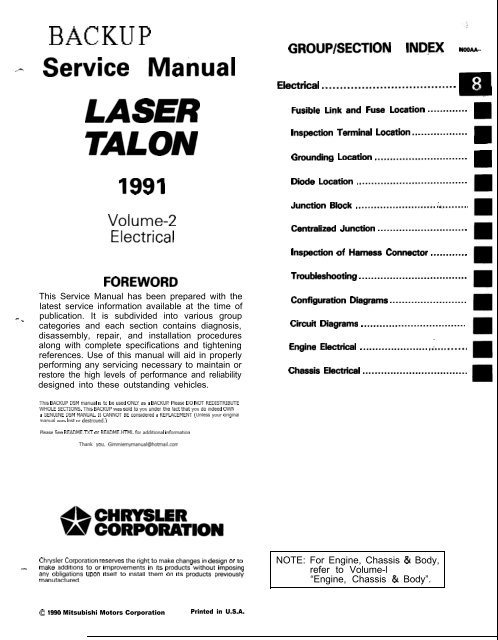 download Chrysler Laser Talon Volume 2 workshop manual