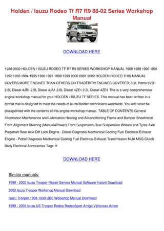 download HOLDEN ISUZU RODEO TF R7 R9 88 02 workshop manual