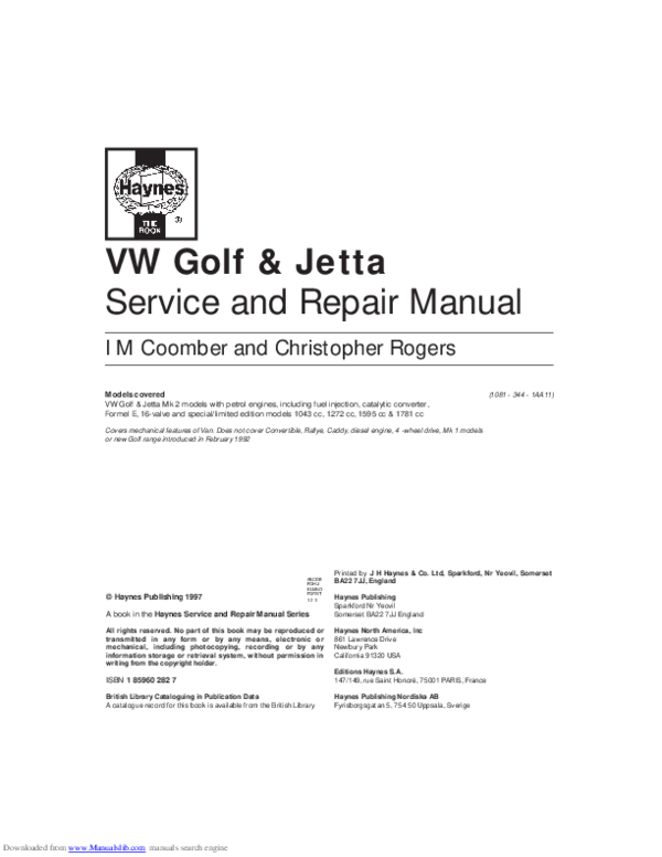 download Volkswagen Golf Jetta 1781cc workshop manual